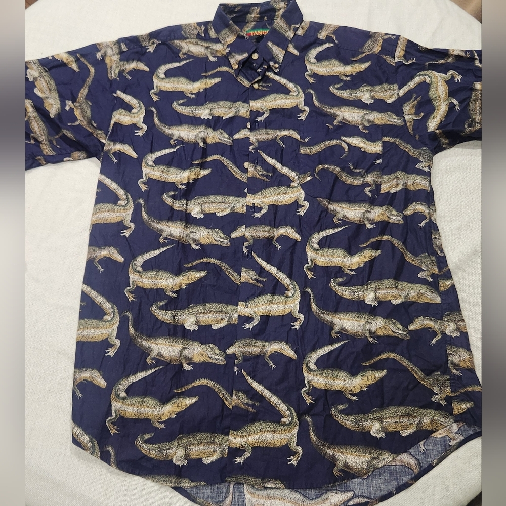 Tango By Max Raab 100% Cotton Alligator Pattern Navy Shirt Sz L